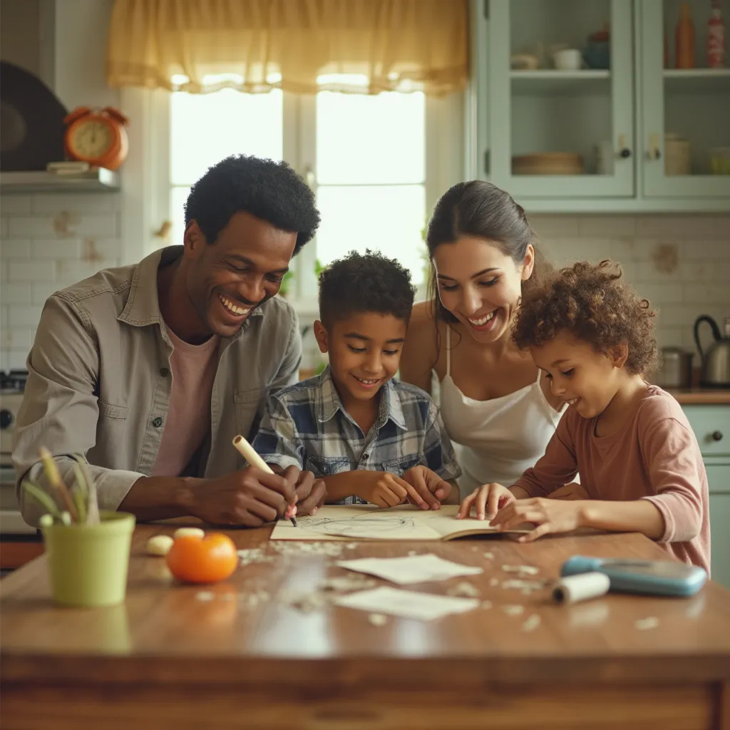 Family happily budgeting